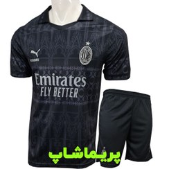 تصویر کیت چهارم میلان 2024 رنگ مشکی طرح هواداری کیفیت +A تایلندی - S Milan 2024 fourth kit, black color, Thai +A fan design