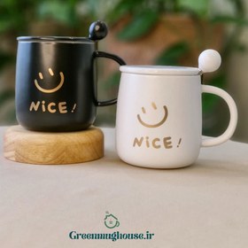 تصویر ماگ سرامیکی درب دار nice طرح لبخند قاشق دار 