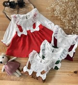 تصویر سارافون یقه تور نوزادی یلدایی شیک و مجلسی - قرمز / سارافون یکسال 