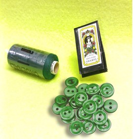 تصویر مجموعه دکمه سوزن نخ سبز 