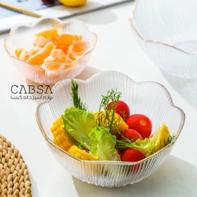 تصویر کاسه پذیرایی پیرکس طرح گل 4 تایی دور طلایی Clear Salad Bowl Household Fruit Bowl 7.8 Inch Dessert Bowl Serving and Mixing Bowl with Gold Rim, Decorative Bowls for Home