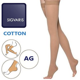 تصویر جوراب واریس کتان انتهای کشاله ران سیگواریس Sigvaris Cotton Co1 AG - کلاس فشار 1 - پنجه باز - کرم - کد 656 