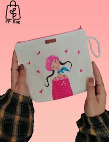 تصویر کیف پارچه ای لوازم ارایشی-پنبه الیاف طبیعی-نقاشی دست-طرح صورتی handpainteh cosmetic natural fabric bag