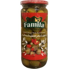 تصویر زیتون شور با مغر فلفل دلمه قرمز فامیلا - 460 گرم 