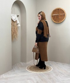 تصویر ست بلوز دامن بافت طرح دوتیکه کرم مشکی و سبز سفید 