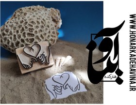 تصویر Price and online purchase of handmade linoleum stamp with wooden base and foam in the shape of heart and hand 