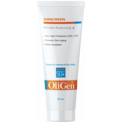 تصویر ضد آفتاب ضد چروک رنگی پوست نرمال و خشک اس پی اف 50 الی ژن oligen normal and dry skin tinted spf50 sunscreen cream