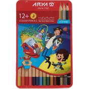 تصویر مداد رنگی 12 رنگ تخت فلزی آریا مداد رنگی جامدادی دار