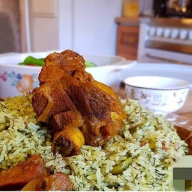 تصویر باقالی پلو با گوشت گوسفندی جذاب بامخلفات و سیب زمینی سرخ شده با برنج ایرانی 
