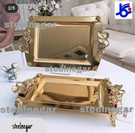 تصویر سینی مستطیل نگار مدل ۶۰۰ طرح گل رز استیل طلایی 