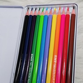 تصویر لوازم تحریر فانتزی مداد رنگی 12 رنگ مثلثی جعبه فلزی KMT طرح. یونیکورن 