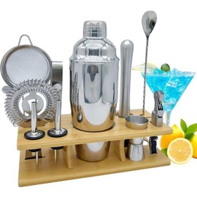 تصویر ست بار سرد ۱۱ تیکه استیل با پایه چوبی 