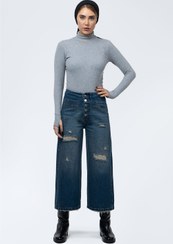 تصویر شلوار جین واید لگ جیب فیلتو آبی تیره زاپ دار 70004632 Dark blue wide-leg ripped jeans with welt pockets Royal Jeans