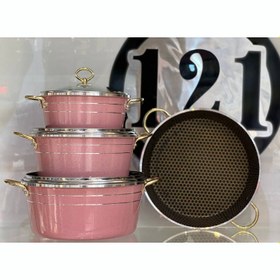 تصویر سرویس قابلمه 7 پارچه گرانیتی کیژان _ صورتی kijan granite cloth pot set 7 - pink