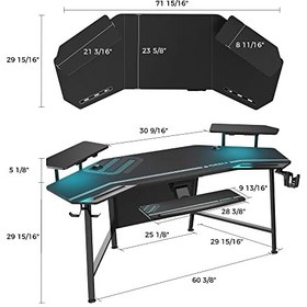 تصویر میز گیمینگ EUREKA ERGONOMIC با چراغ های ال ای دی، میز استودیویی 72 اینچی بزرگ بال شکل W پایه مانیتور سینی کیبورد پایه دوتایی جام آویز هدفون برای پخش زنده، استریمر - ارسال 20 روز کاری 