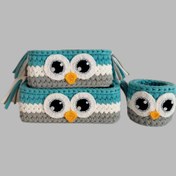 تصویر سبد قلاب بافی تریکو طرح خانواده جغد کد 45 مجموعه 3 عددی 