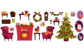 تصویر مجموعه لوازم منزل کارتونی کریسمس – Christmas and new year collection with objects in cartoon style 