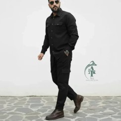 تصویر ست پیراهن و شلوار کتان مردانه یاشیل – مشکی 