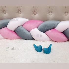 تصویر محافظ تخت کودک تاتی سه رشته طوسی صورتی 