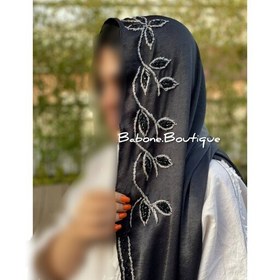 تصویر شال مجلسی مشکی کوپرا جواهر دوزی نقره ای مشکی طرح شاخه و برگ 