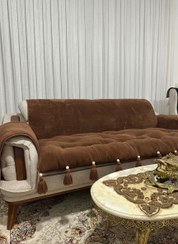 تصویر کاور و روکش ضد اب مبل به همراه تشکچه نشیمن جنس تدی مدل منگوله دار مناسب برای هر تعداد و مدل مبل - سورمه ای / مبل سه نفره 