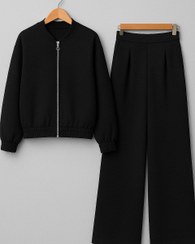 تصویر ست بامبر جکت با شلوار زنانه تریکوی مشکی Signature bomber jacket &pants set