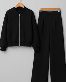 تصویر ست بامبر جکت با شلوار زنانه تریکوی مشکی Signature bomber jacket &pants set