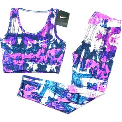 تصویر ست ورزشی زنانه نایکی نیمتنه و لگ آبرنگی 