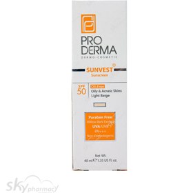 تصویر کرم ضد آفتاب فاقد چربی پوست های چرب و جوشدار بژ روشن SPF50 پرودرما 40 میل PRODERMA SUNVEST SUN SCREEN FOR OILY AND ACNEIC SKINS LIGHT BEIGE