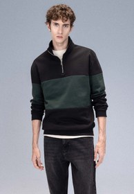 تصویر سویشرت مشکی مردانه راحتی به طور منظم متناسب با قالب راحت قوای قوسی Zipper Striped Sweatshirt دفاکتو Defacto 