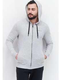 تصویر سویشرت مردانه با کلاه و آستین بلند، خاکستری با لوگوی برند برند kenneth cole Men Hooded Long Sleeve Brand Logo Sweatshirt, Grey