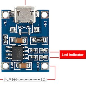 تصویر ماژول شارژر باطری لیتیومی TP4056 MICRO USB 1A با استفاده از تراشه TP4056 و ورودی میکرو USB بدون قطع کن و جریان خروجی 1A