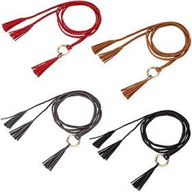 تصویر MoonSing Hand Woven Ring Waist Chain for Women, Ethnic Girl&#39;s Waist Leather Chain Tassel Belt Rope for Dress Coat Shirt (4pcs) 