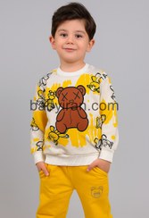 تصویر ست بلوز و شلوار پسرانه اسپرت طرح خرس کارتونی | پنبه کبریتی نرم در سه رنگ سبز، قهوه‌ای و زرد لباس پسرانه اسپرت استین بلند شامل پیراهن و شلوار