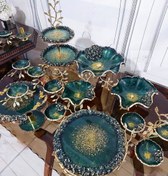 تصویر سرویس پذیرایی رزینی سبز طلایی ۲۸ پارچه کریستالی 