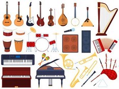 تصویر مجموعه ای از آلات موسیقی سازهای زهی و بادی طبل کیبورد – Set of musical instruments 