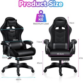 تصویر Eesyy Gaming Chair Ergonomic High Back Gaming Chairs Reclining &amp; Height Adjustable Computer Chair with Neck and Massage Lumbar Support, Retractible Footrest, 360° Silent Casters, Class 3 Gaslift,Black 