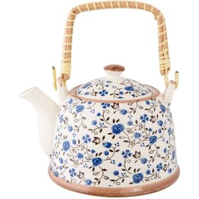 تصویر قوری دسته حصیری قلم آبی - گل بابونه 