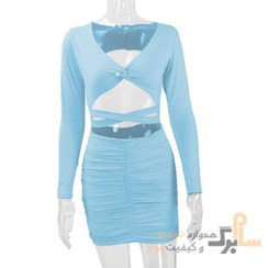 تصویر لباس زنانه آستین بلند چین دار یقه V توخالی 2024 