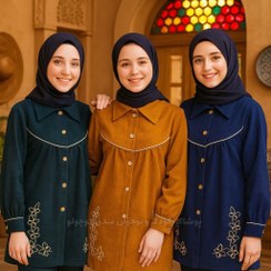 تصویر مانتو نوجوان دخترانه مدل پروا | مخمل کبریتی مزون‌دوز با گلدوزی خاص | مناسب 9 تا 15 سال 