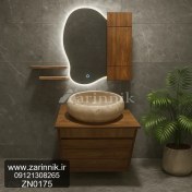 تصویر روشویی کابینتی دیواری طرح چوب با سنگ طبیعی سایز ۵۰ همراه آینه باکس 