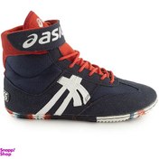 تصویر کفش کشتی اسیکس مدل ساق دار رنگ سرمه ای قرمز 