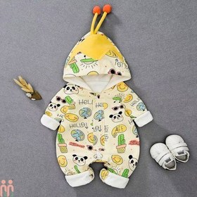 تصویر سرهمی عروسکی کلاهدار نوزاد و کودک 2 لایه نخی وارداتی لیمویی Ywev Baby sleepsuits 