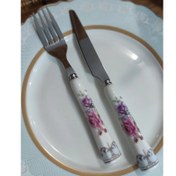 تصویر ست کارد و چنگال میوه خوری دسته سرامیکی گلدار رومانتیک H49 