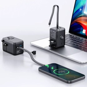 تصویر آداپتور مسافرتی ۲۵۰۰ وات به همراه پاوربانک ۴۰۰۰ میلی‌آمپرساعت پاورولوژی(PWCUQC054BK)Powerology 2500W Universal Travel Adapter with 4000mAh Power Bank – Black