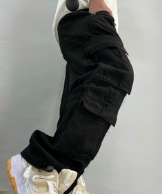 تصویر شلوار کارگو مردانه مشکی ۸ جیب پارچه جین 