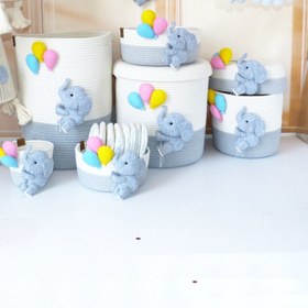 تصویر سیسمونی قیطان دوزی و اتاق کودک طرح فیل و بادکنک طوسی شیری 