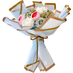تصویر دسته گل کادویی رز، اناما و ژیپسوفیلا (عروس): هدیه ای زیبا و خاص کد 4016 