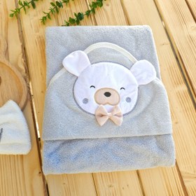 تصویر ست حوله و لیف سایز بزرگ پارچه تبریز گلدوزی دار خرس طوسی لاوی 