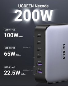 تصویر شارژر NEXODE 200W GAN II 6 DESKTOP STATION CHARGER 4XUSB C 2XUSB A GRAY 40914 Ugreen 